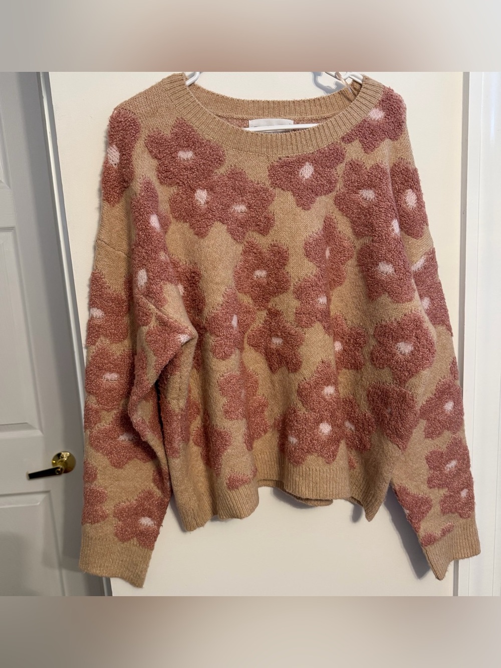Textured Floral Crewneck Sweater - Pink on Tan